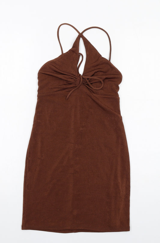 Bershka Womens Brown Polyester Tank Dress Size S Halter Zip