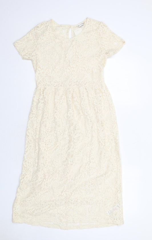 Miss Selfridge Womens Ivory Floral Cotton A-Line Size 10 Round Neck Button
