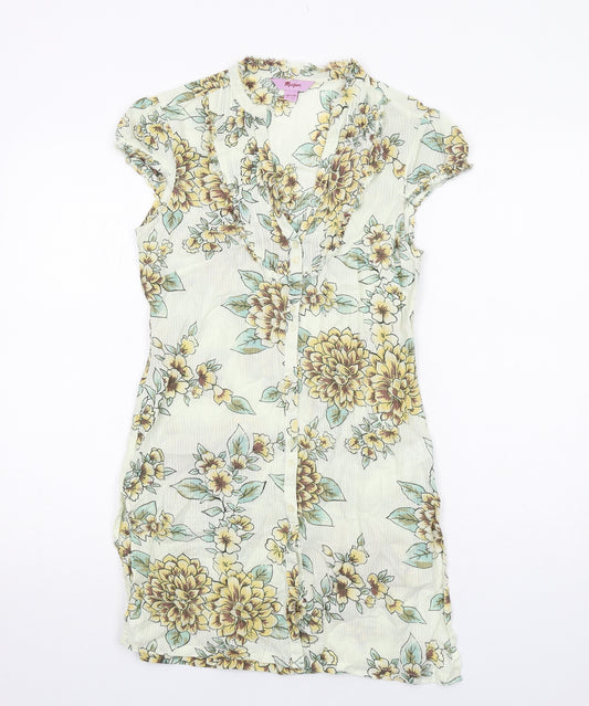 Monsoon Womens Green Floral Cotton A-Line Size 8 V-Neck Button