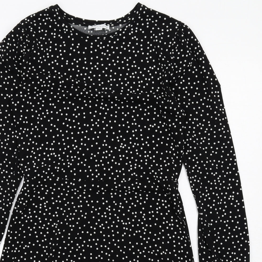 Warehouse Womens Black Polka Dot Polyester A-Line Size 10 Round Neck Pullover