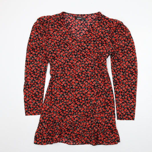 Missguided Womens Red Floral Polyester A-Line Size 14 V-Neck Zip