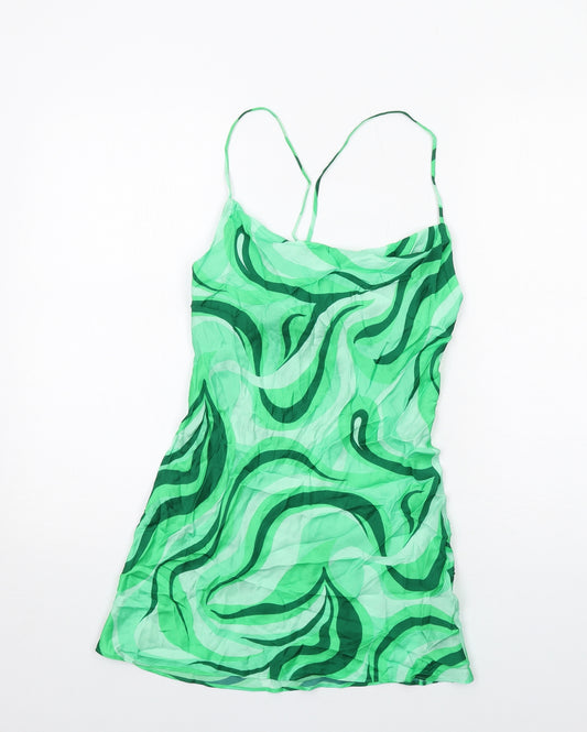 Zara Womens Green Geometric Viscose Slip Dress Size XS Cowl Neck Pullover