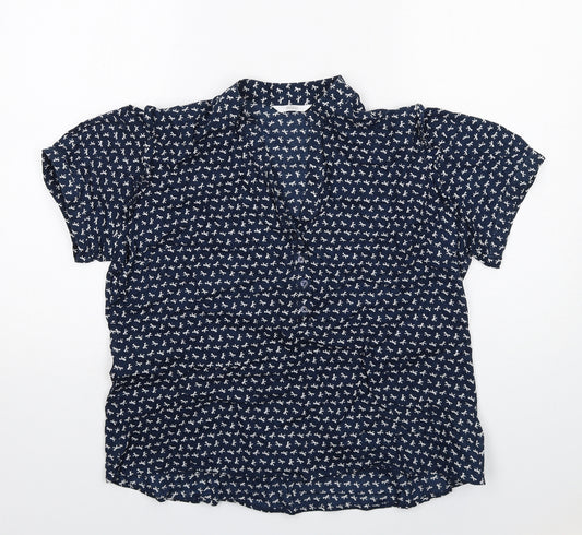 Marks and Spencer Womens Blue Geometric Cotton Basic Blouse Size 16 V-Neck - Bow Print