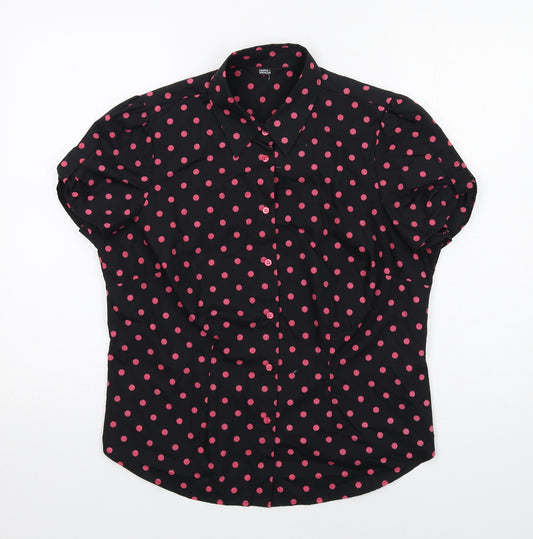 Marks and Spencer Womens Black Polka Dot Polyester Basic Button-Up Size 14 Collared