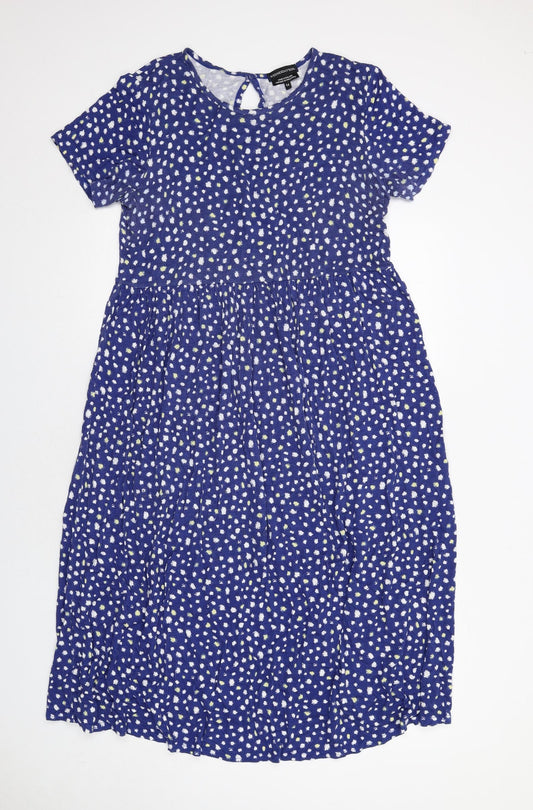 Wednesday's Girl Womens Blue Geometric Viscose T-Shirt Dress Size 14 Round Neck Button