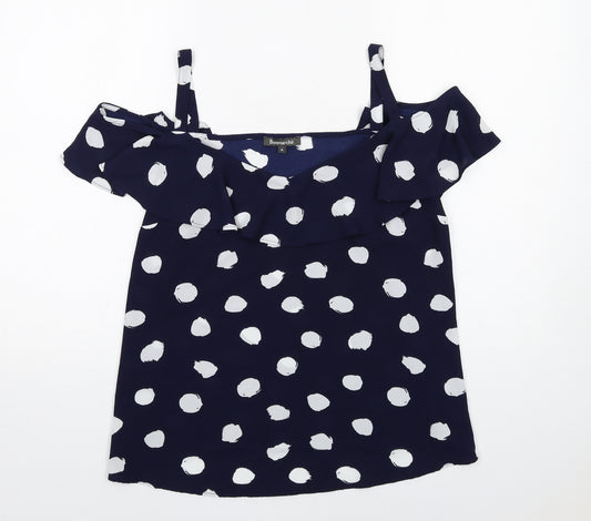 Bonmarché Womens Blue Polka Dot Polyester Basic Blouse Size 16 V-Neck - Cold Shoulder