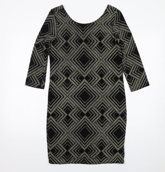 Wallis Womens Black Geometric Nylon A-Line Size 12 Round Neck Pullover