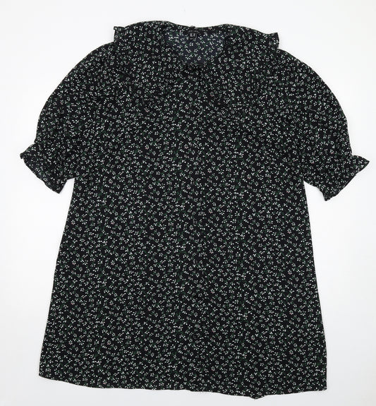 New Look Womens Black Floral Polyester A-Line Size 16 Collared Button
