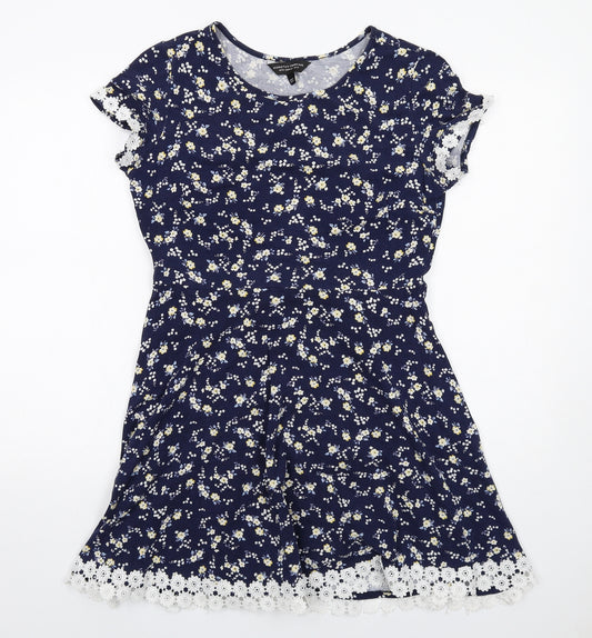 Dorothy Perkins Womens Blue Floral Cotton T-Shirt Dress Size 14 Round Neck Pullover