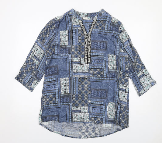 Cotton Traders Womens Blue Geometric Viscose Tunic Blouse Size 14 V-Neck