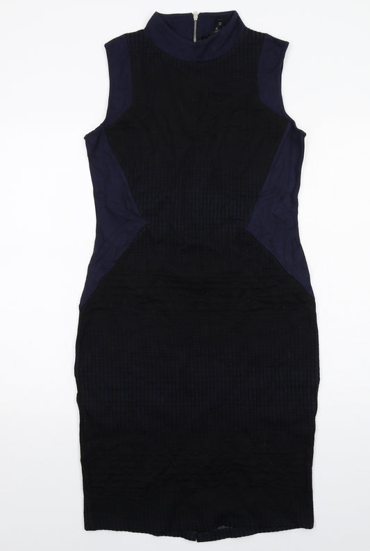 NEXT Womens Blue Colourblock Cotton A-Line Size 14 Round Neck Zip