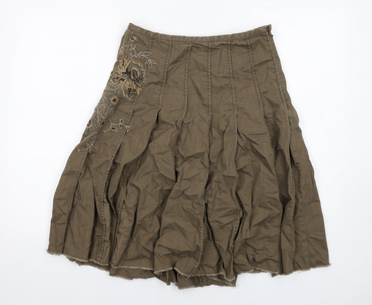 NEXT Womens Brown Cotton Pleated Skirt Size 10 Zip - Flower detail