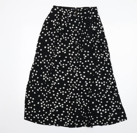 ASOS Womens Black Floral Viscose Swing Skirt Size 8 Button