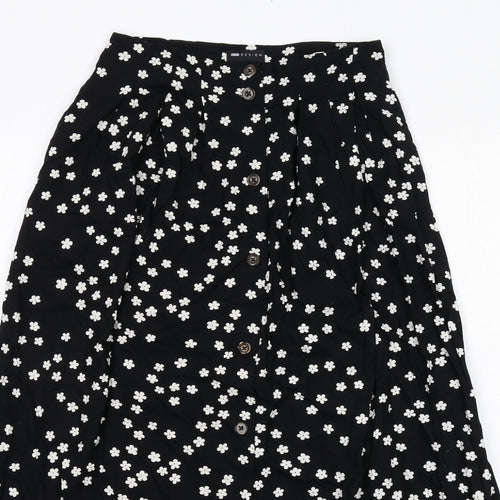 ASOS Womens Black Floral Viscose Swing Skirt Size 8 Button