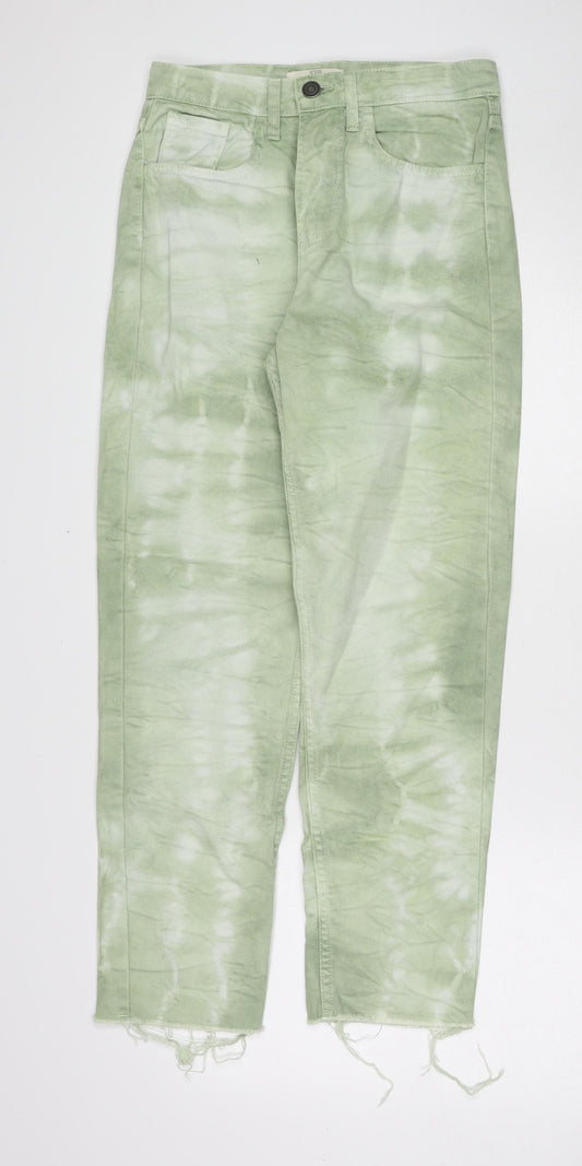 Stradivarius Womens Green Geometric Cotton Straight Jeans Size 6 Regular Zip - Tie dye effect
