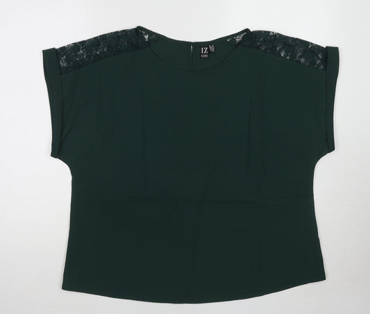 Izabel Womens Green Polyester Basic T-Shirt Size 16 Round Neck - Lace Detail