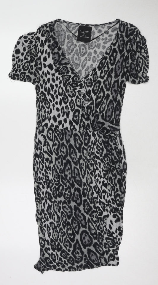 Zara Womens Black Animal Print Viscose A-Line Size L V-Neck Pullover - Leopard pattern