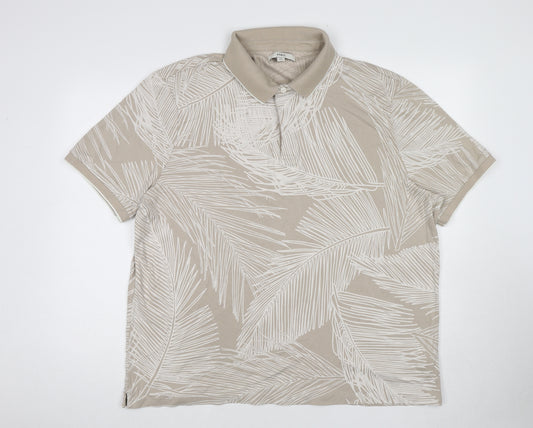 Marks and Spencer Mens Beige Geometric Cotton Polo Size 3XL Collared Button - Leaf pattern