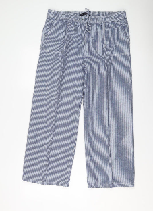 Marks and Spencer Womens Blue Striped Linen Trousers Size 16 L27 in Regular Drawstring