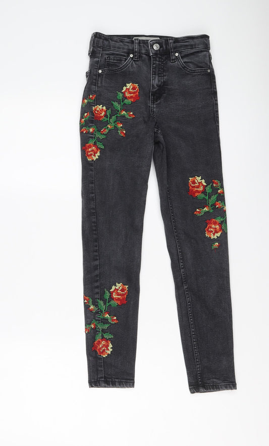 Topshop Womens Grey Floral Cotton Skinny Jeans Size 25 in L25 in Regular Button - Flower detail