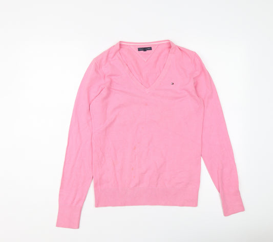 Tommy Hilfiger Womens Pink V-Neck Cotton Pullover Jumper Size M