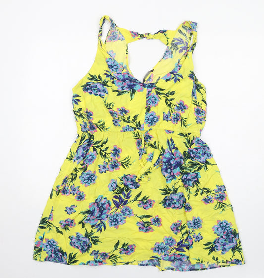 Marks and Spencer Womens Yellow Floral Viscose Tank Dress Size 12 Round Neck Pullover
