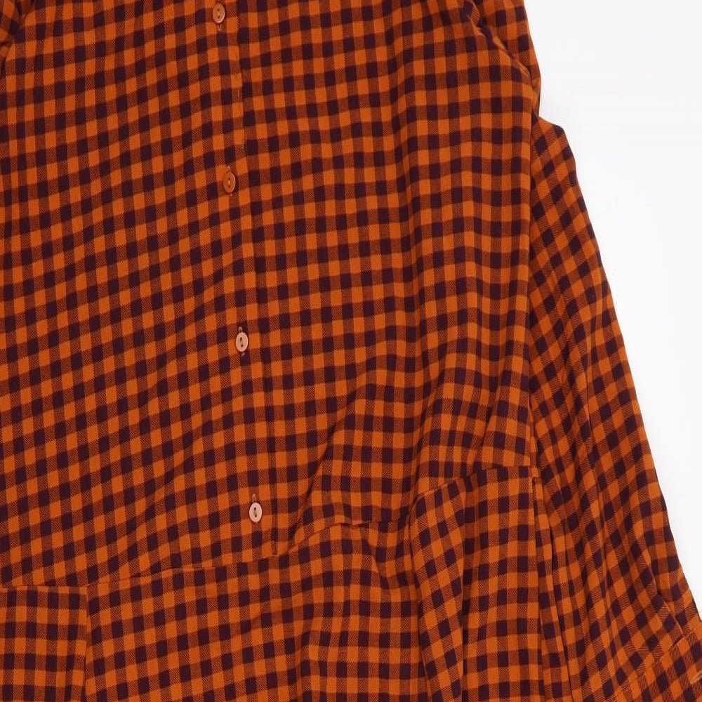 Monki Womens Orange Check Polyester Shirt Dress Size S Collared Button