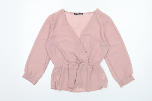 Boohoo Womens Pink Polyester Basic Blouse Size 10 V-Neck