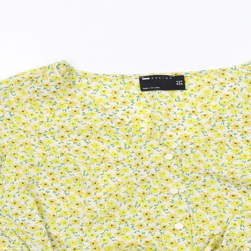 ASOS Womens Yellow Floral Viscose Basic Button-Up Size 14 V-Neck