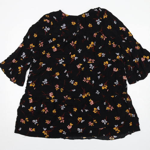New Look Womens Black Floral Viscose A-Line Size 16 Round Neck Button