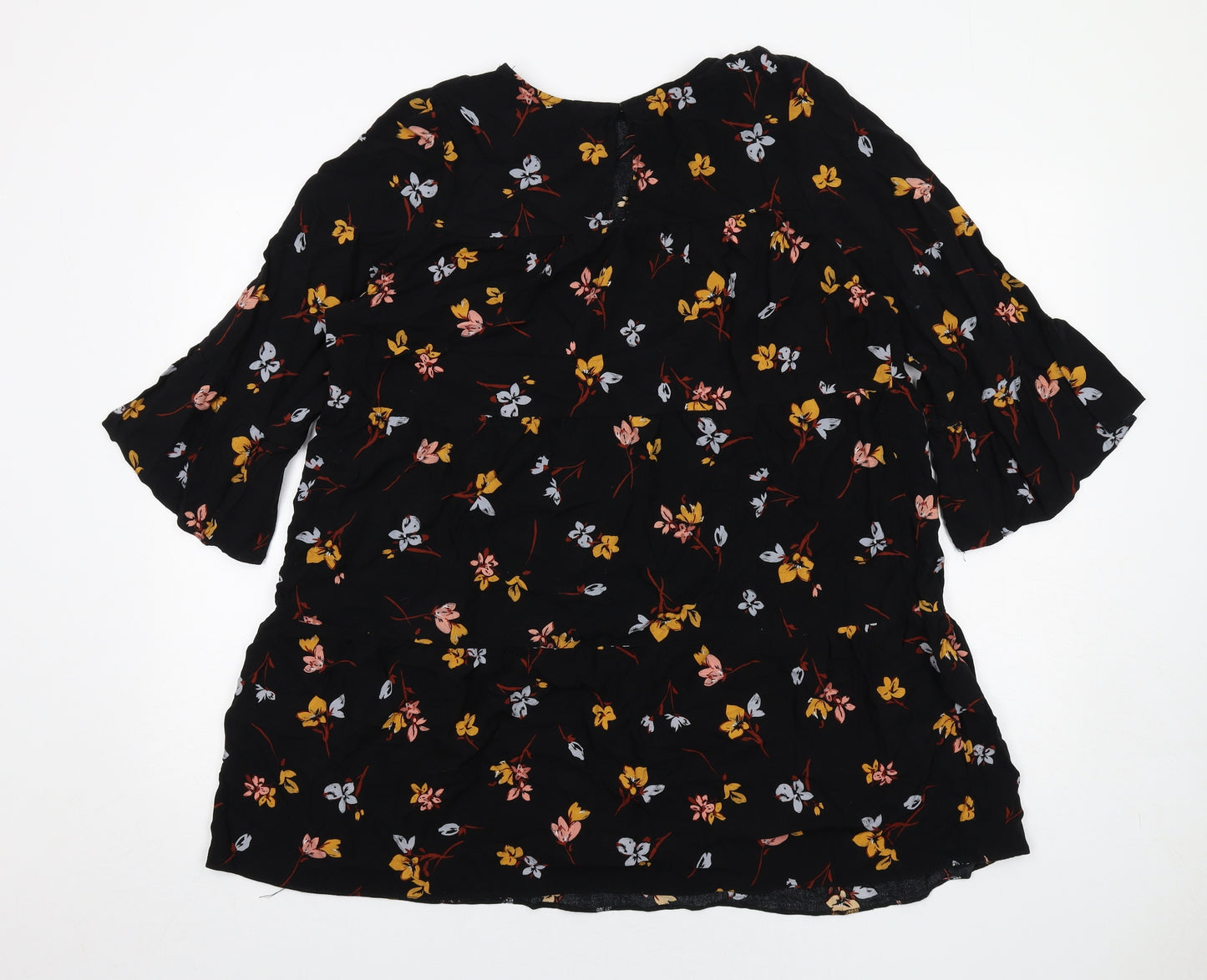 New Look Womens Black Floral Viscose A-Line Size 16 Round Neck Button