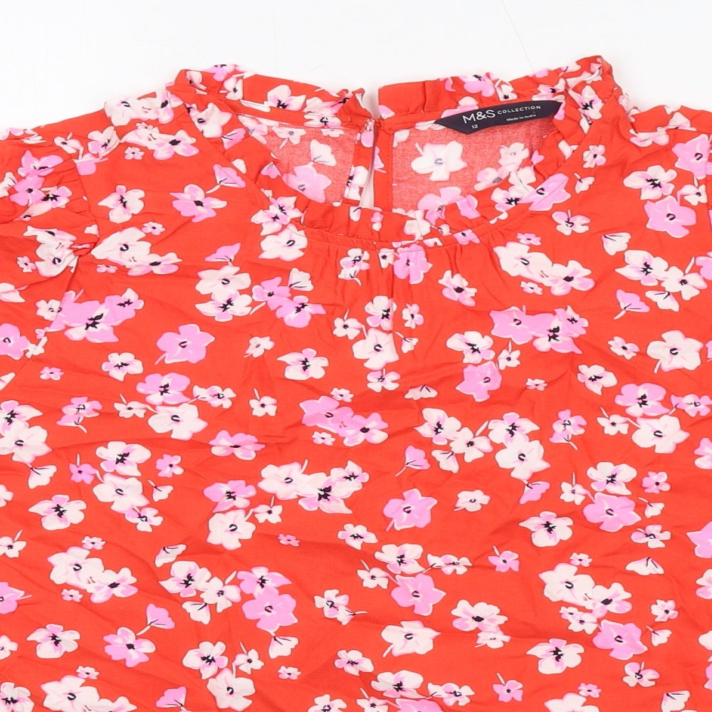 Marks and Spencer Womens Red Floral Viscose Basic Blouse Size 12 Round Neck