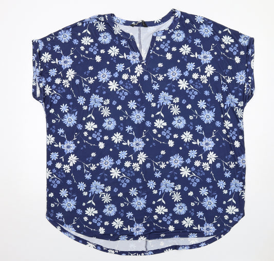Yours Womens Blue Floral Polyester Basic T-Shirt Size 22 V-Neck