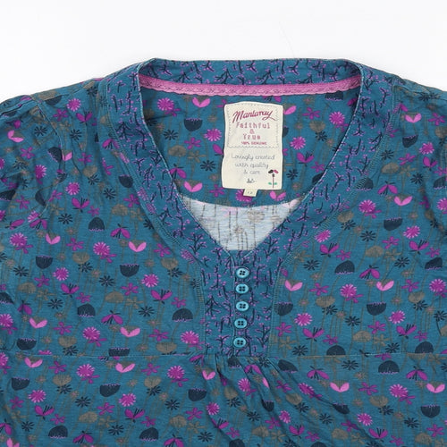 MANTARAY PRODUCTS Womens Blue Floral Cotton Basic T-Shirt Size 12 V-Neck