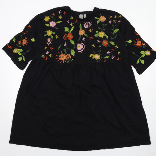 ASOS Womens Black Floral Cotton A-Line Size 14 Round Neck Pullover