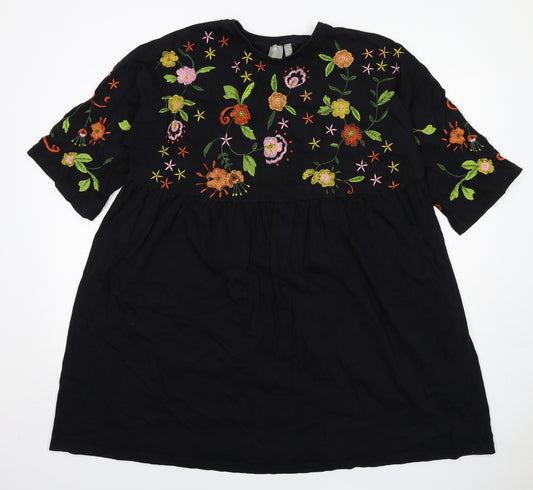 ASOS Womens Black Floral Cotton A-Line Size 14 Round Neck Pullover