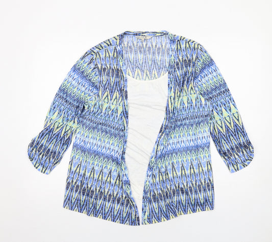 M&Co Womens Blue Geometric Viscose Basic Blouse Size 18 Scoop Neck - Cardigan Effect