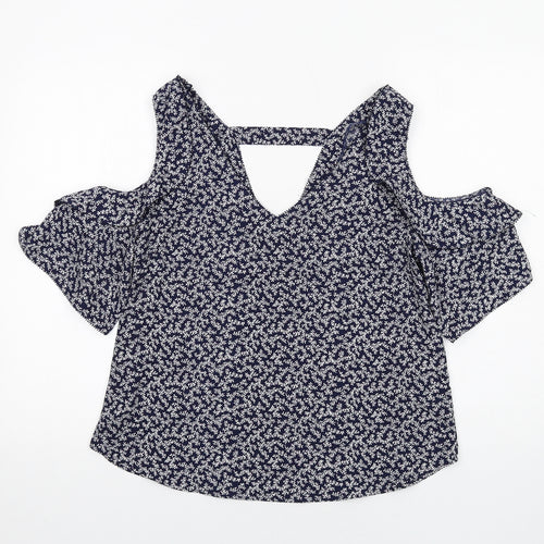 NEXT Womens Blue Geometric Polyester Basic Blouse Size 12 V-Neck - Cold Shoulder