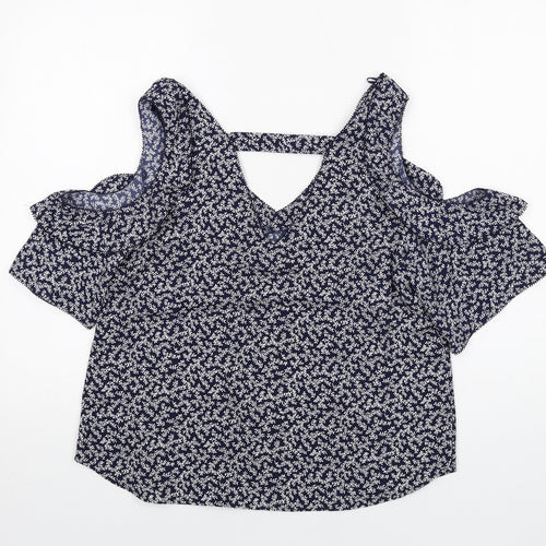 NEXT Womens Blue Geometric Polyester Basic Blouse Size 12 V-Neck - Cold Shoulder