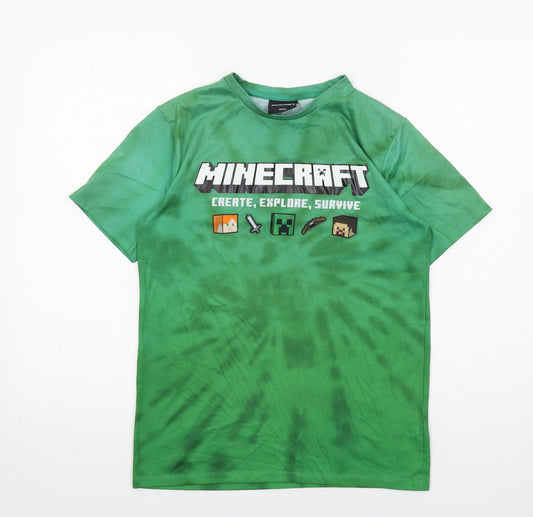 Minecraft Boys Green Geometric Polyester Basic T-Shirt Size 12-13 Years Round Neck Pullover - Minecraft