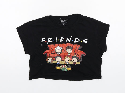 New Look Girls Black Cotton Cropped T-Shirt Size 10-11 Years Round Neck Pullover - Friends