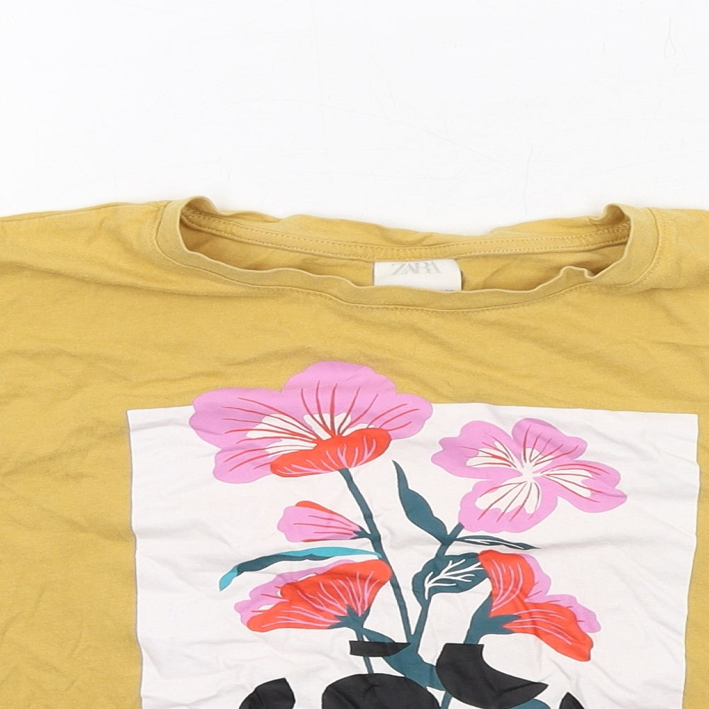 Zara Girls Yellow Cotton Cropped T-Shirt Size 11-12 Years Round Neck Pullover - Flower