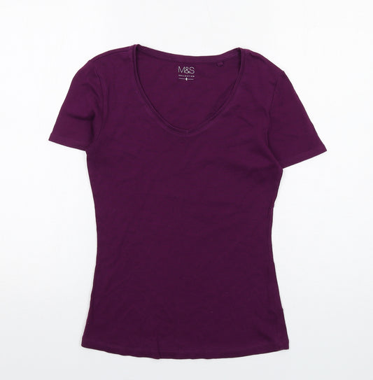 Marks and Spencer Womens Purple Cotton Basic T-Shirt Size 8 V-Neck