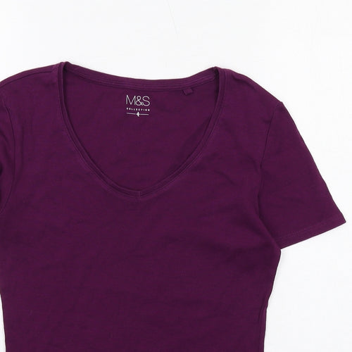 Marks and Spencer Womens Purple Cotton Basic T-Shirt Size 8 V-Neck