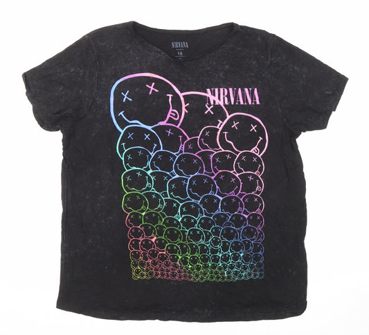 Nirvana Womens Black Cotton Basic T-Shirt Size 16 Round Neck