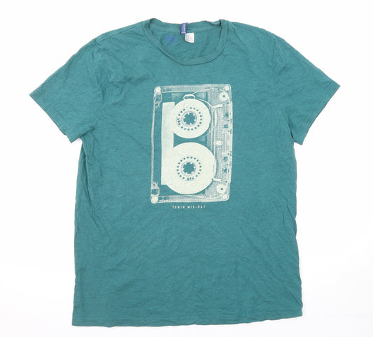 Divided by H&M Mens Green Cotton T-Shirt Size M Round Neck - Cassette tape print