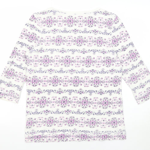Marks and Spencer Womens White Geometric Cotton Basic T-Shirt Size 10 Round Neck