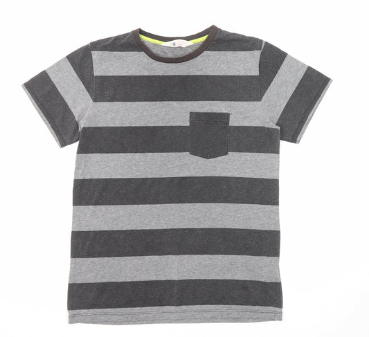 H&M Boys Grey Striped Cotton Basic T-Shirt Size 13-14 Years Round Neck Pullover