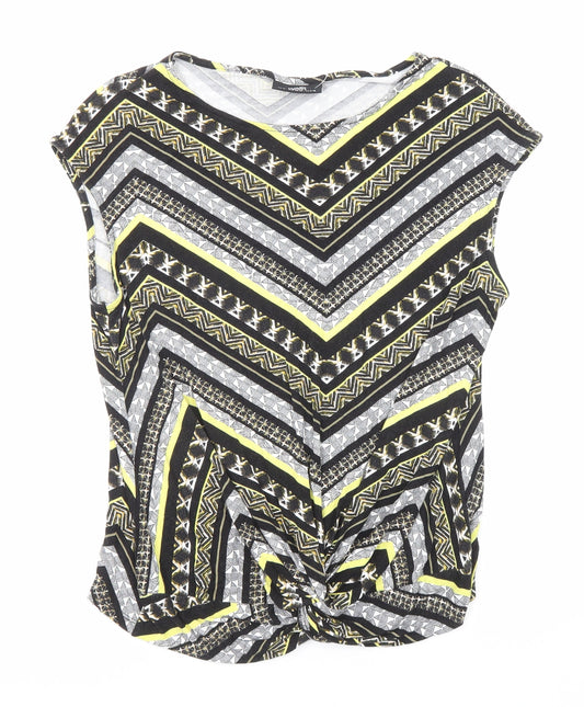 Wallis Womens Black Geometric Viscose Basic T-Shirt Size M Round Neck - Knot Front