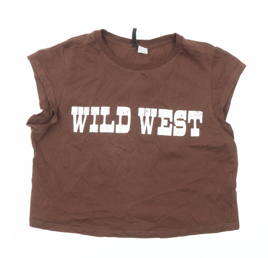 Divided by H&M Womens Brown Cotton Basic T-Shirt Size L Crew Neck - Wild West
